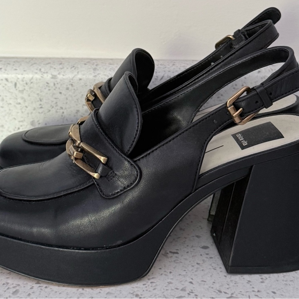 Dolce Vita Black Leather Platform Slingback Heels with Gold Hardware